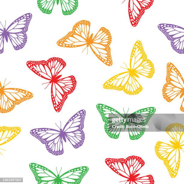 stockillustraties, clipart, cartoons en iconen met colorful monarch butterflies white background seamless pattern - elegans