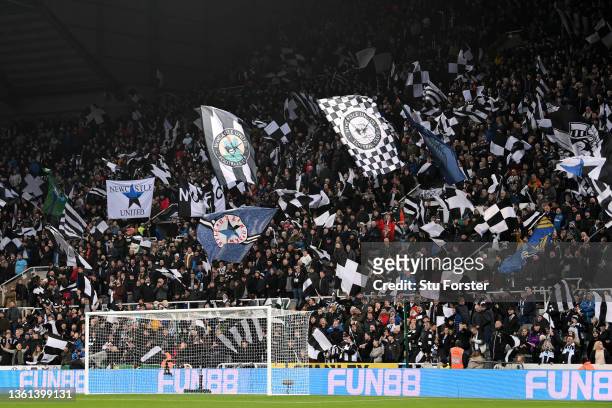 General view inside the stadium as fans show support prior to the Premier League match between Newcastle United and Manchester United at St James'...