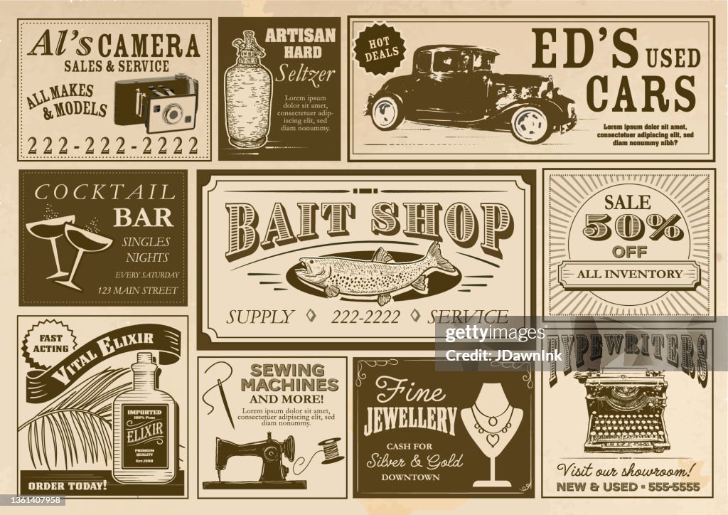 Set von Vintage oder altmodisch getragen Zeitung Werbung Abschnitt Layout-Vorlage