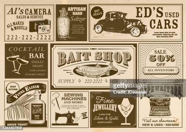 set of vintage or old fashioned worn newspaper advertisement section layout design template - 品牌 幅插畫檔、美工圖案、卡通及圖標