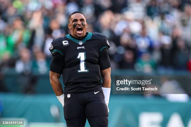 Jalen Hurts of the Philadelphia Eagles celebrates after a touchdown against the New York Giants the during the second half at Lincoln Financial Field...