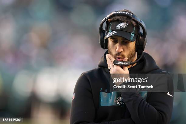 Head coach Nick Sirianni of the Philadelphia Eagles reacts on the sidelines during the second half of the game against the New York Giants at Lincoln...