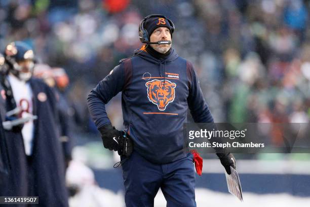 Head coach Matt Nagy of the Chicago Bears looks on during the fourth quarter against the Seattle Seahawks at Lumen Field on December 26, 2021 in...
