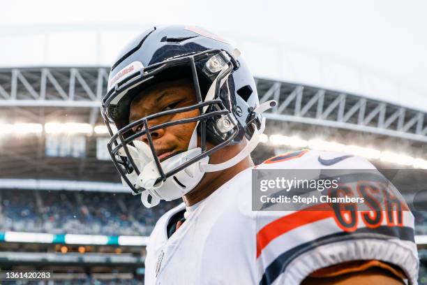 David Montgomery of the Chicago Bears looks on during the second quarter against the Seattle Seahawks at Lumen Field on December 26, 2021 in Seattle,...