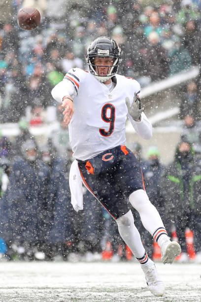 Nick Foles of the Chicago Bears passes during the second quarter against the Seattle Seahawks at Lumen Field on December 26, 2021 in Seattle,...
