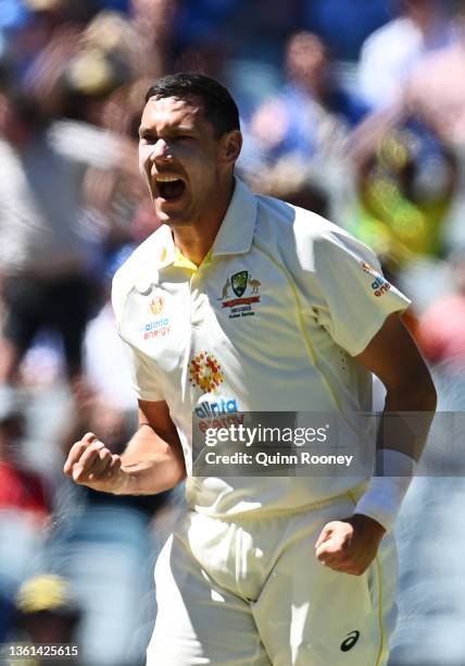 Scott Boland of Australia celebrates after dismissing Jonny Bairstow of England during day three of the Third Test match in the Ashes series between...