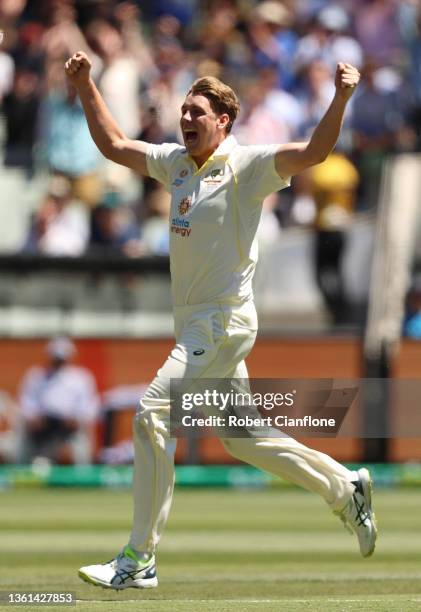 Cameron Green of Australia celebrates after dismissing James Anderson of England and retaining the Ashes during day three of the Third Test match in...