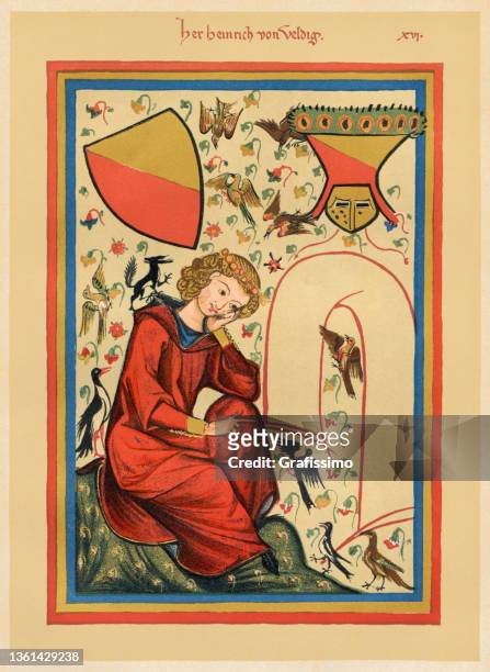 stockillustraties, clipart, cartoons en iconen met troubadour and minstrel heinrich von veldeke 14th century medieval portrait - middeleeuwse muziek en renaissancemuziek