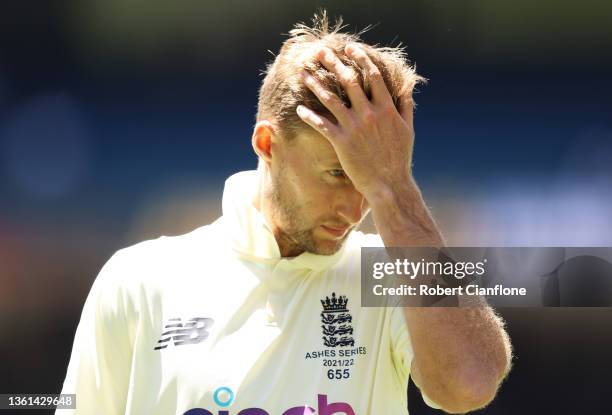 Joe Root of England reacts after day three of the Third Test match in the Ashes series between Australia and England at Melbourne Cricket Ground on...