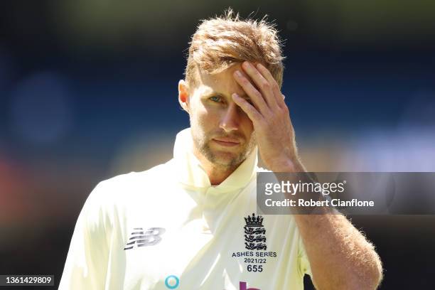 Joe Root of England reacts after day three of the Third Test match in the Ashes series between Australia and England at Melbourne Cricket Ground on...