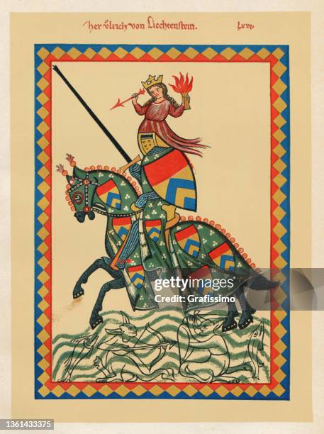 illustrazioni stock, clip art, cartoni animati e icone di tendenza di trovatore e menestrello ulrich von liechtenstein ritratto medievale del 14 ° secolo - menestrello-persona