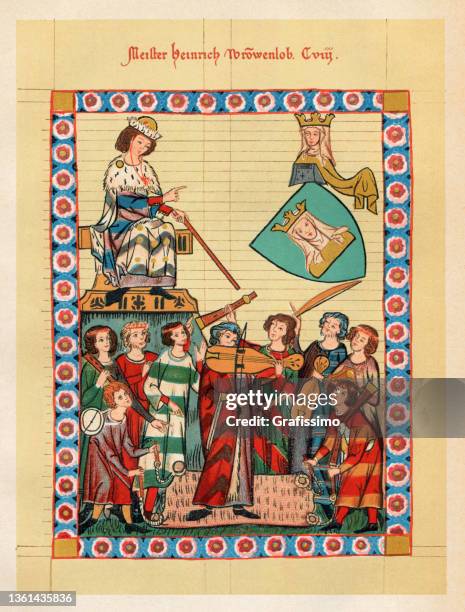 stockillustraties, clipart, cartoons en iconen met troubadour and minstrel heinrich frauenlob 14th century medieval portrait - middeleeuwse muziek en renaissancemuziek