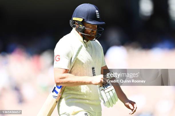 Jonny Bairstow of England looks dejected while leaving the field of play after being dismissed by Scott Boland of Australia during day three of the...