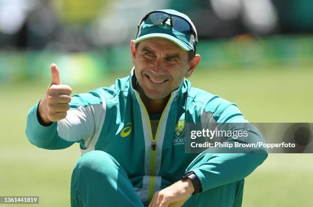 Justin Langer, Australia's coach looks on after Australia won the Third Test match and the Ashes series between Australia and England at Melbourne...
