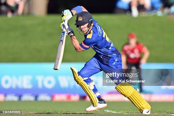 Nick Kelly of the Volts bats during the Super Smash Men's T20 match between the Canterbury Kings and the Otago Volts at Hagley Oval on December 26,...