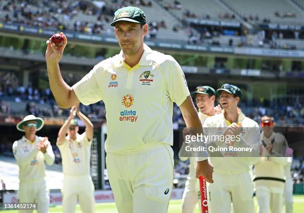 Scott Boland of Australia is seen with the match ball and stump after Australia retails the Ashes after day three of the Third Test match in the...