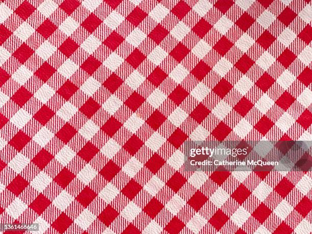 traditional red & white plaid check picnic blanket background - pique nique photos et images de collection