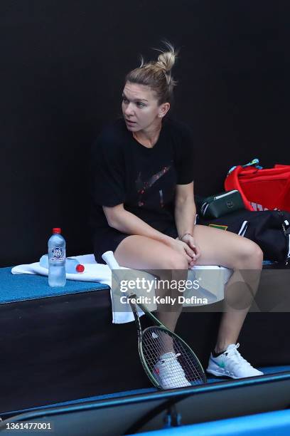 Simona Halep of Romania practices on centre court during a practice session at Rod Laver Arena at Melbourne Park on December 28, 2021 in Melbourne,...