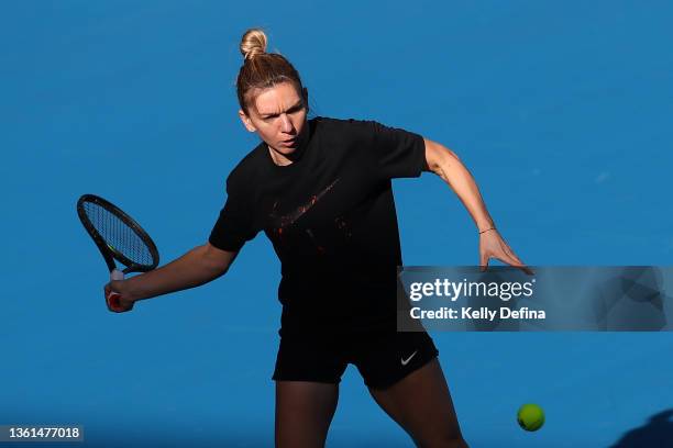 Simona Halep of Romania practices on centre court during a practice session at Rod Laver Arena at Melbourne Park on December 28, 2021 in Melbourne,...