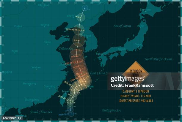 typhoon bavi 2020 track east china sea infographic - shanghai stock illustrations