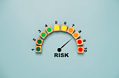Risk level indicator rating print screen wooden cube block since low to high on blue background for Risk management and assessment concept.