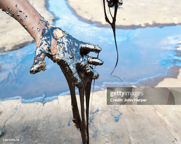 hand covered in oil - ölpest stock-fotos und bilder