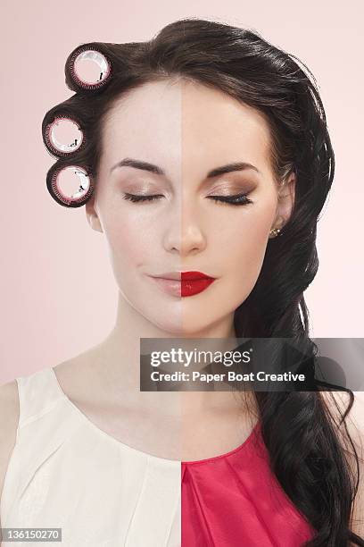young woman with half plain and half made up face - make over series stock pictures, royalty-free photos & images