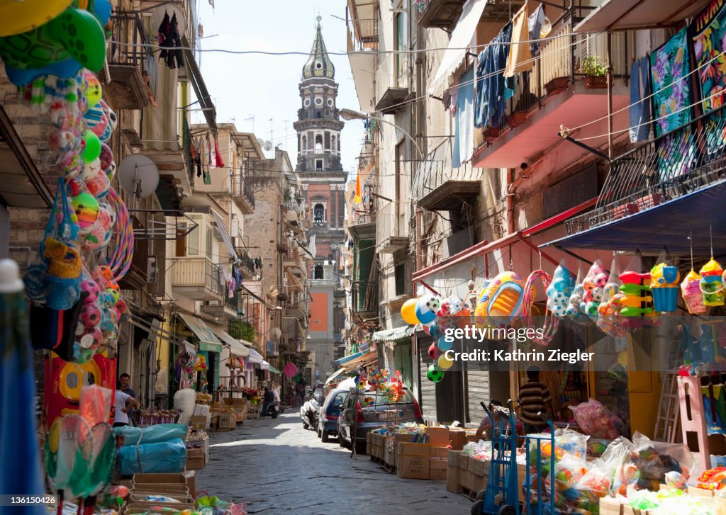 Cluttered street in old town Naples, Italy