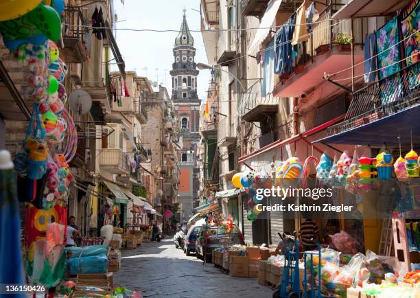 cluttered street in old town naples, italy - naples italy street stock pictures, royalty-free photos & images