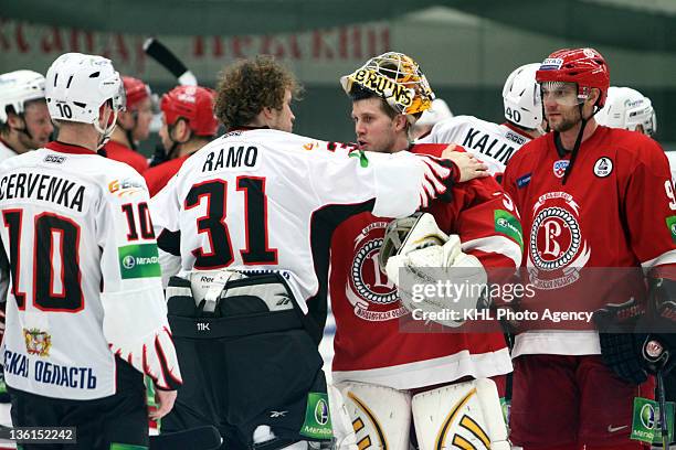 Goalkeeper Karri Ramo of the Avangard and goalkeeper Matt Dalton of the Vityaz talk after the game between Avangard Omsk region and Vityaz Chekhov...