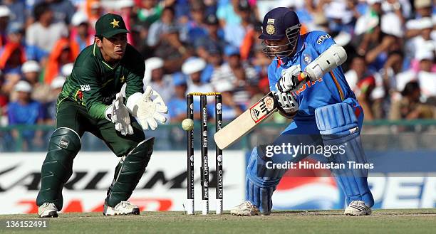 Sachin Tendulkar of India plays a shot during the 2011 ICC World Cup semi-final match between India and Pakistan at PCA Stadium in Mohali, India on...