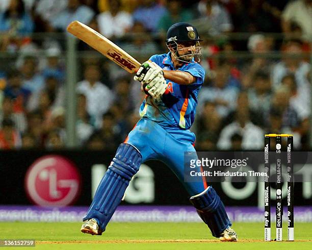 Gautam Gambhir of India plays a shot during the 2011 ICC World Cup final between India and Sri Lanka at Wankhede stadium in Mumbai, India on April 2,...