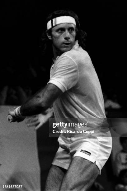 Argentine tennis player Guillermo Vilas in action during the match against José Luis Clerc as part of the tourney "40th Anniversary of Clarin...