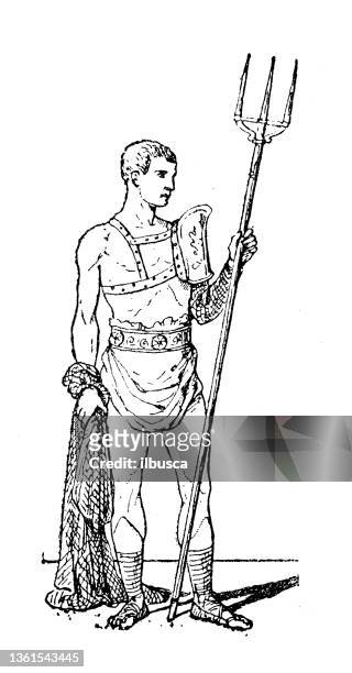antike illustration: retiarius - spear stock-grafiken, -clipart, -cartoons und -symbole