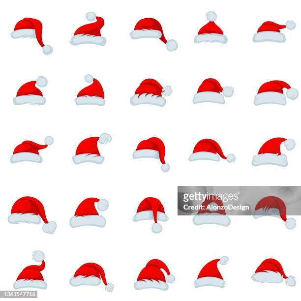 ilustraciones, imágenes clip art, dibujos animados e iconos de stock de sombreros rojos de papá noel. iconos navideños. - santa hat