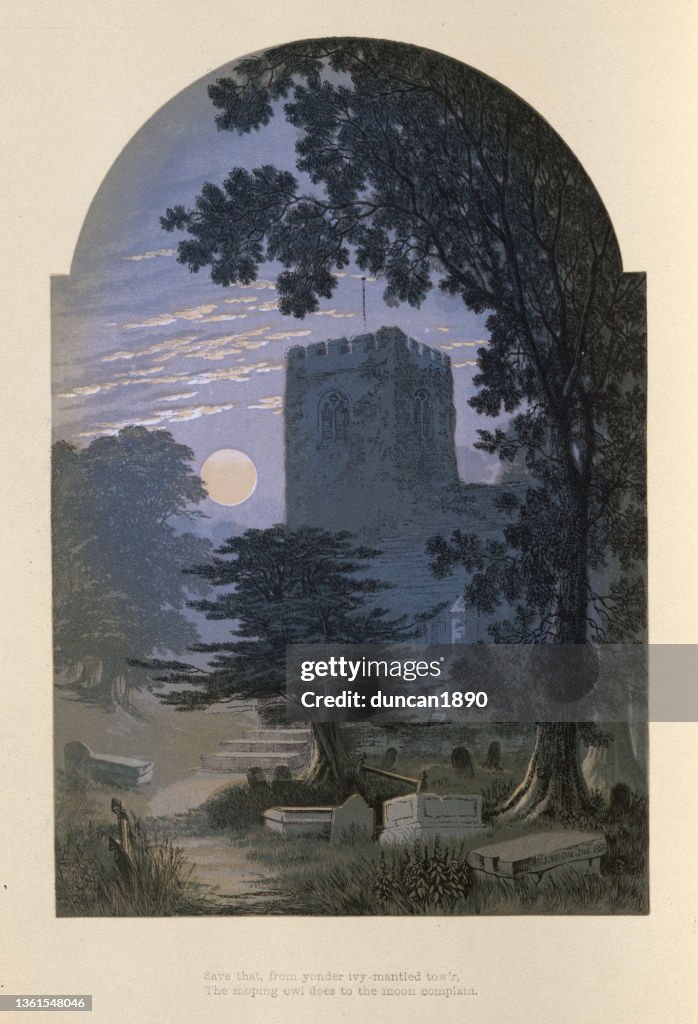 Full moon, and moonlight, church and graveyard, spooky cemetery, Yew tree, Victorian English art, 19th Century