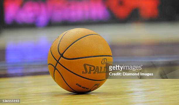 Basketball sits on the court during a game between the Toronto Raptors and Cleveland Cavaliers at Quicken Loans Arena in Cleveland, Ohio. The Raptors...