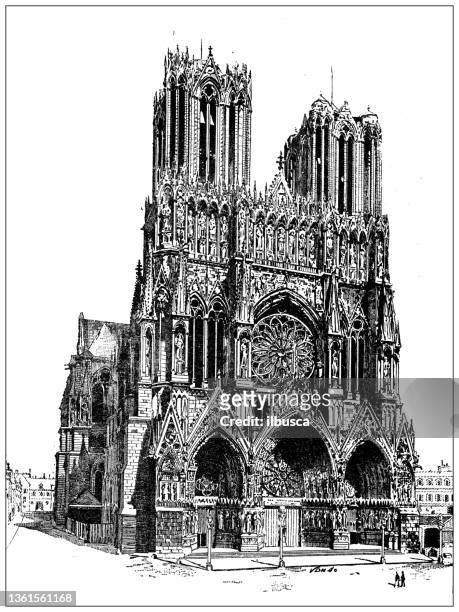 ilustraciones, imágenes clip art, dibujos animados e iconos de stock de ilustración antigua: catedral de reims - reims cathedral