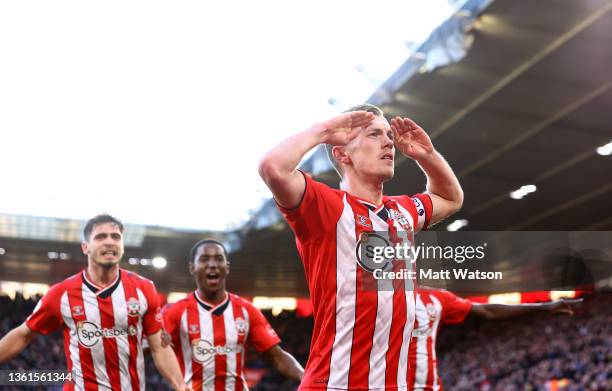 James Ward-Prowse of Southampton celebrates after opening the scoring during the Premier League match between Southampton and Tottenham Hotspur at St...