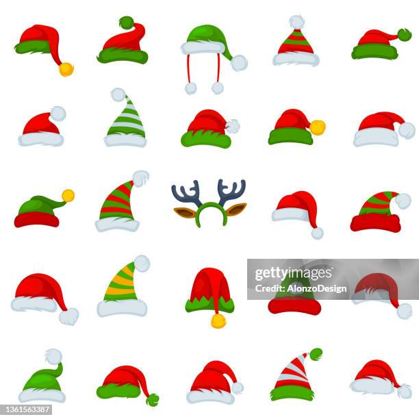 ilustraciones, imágenes clip art, dibujos animados e iconos de stock de sombreros navideños y accesorios para la cabeza. - cap hat