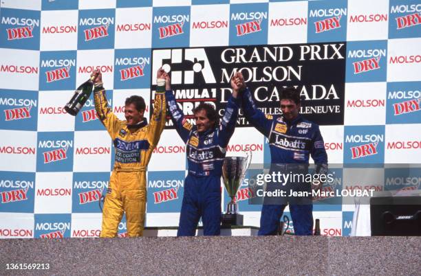 Michael Schumacher, Alain Prost et Damon Hill sur le podium du Grand Prix de Formule 1 du Canada, le 13 juin 1993.