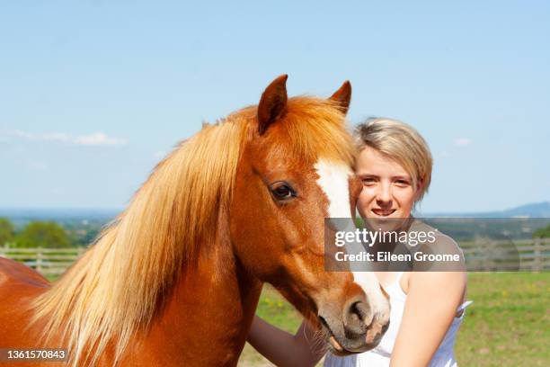 close up shot of pretty young woman and her beautiful chestnut pony sharing a loving moment together in the english countryside. - adonis shropshire stock pictures, royalty-free photos & images