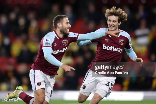 Nikola Vlasic of West Ham United celebrates after scoring their sides fourth goal during the Premier League match between Watford and West Ham United...