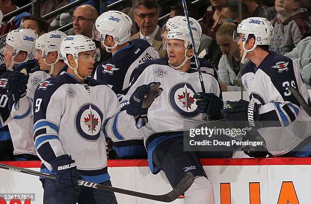 Evander Kane of the Winnipeg Jets celebrates his second goal of the game against the Colorado Avalanche in the second period at the Pepsi Center on...