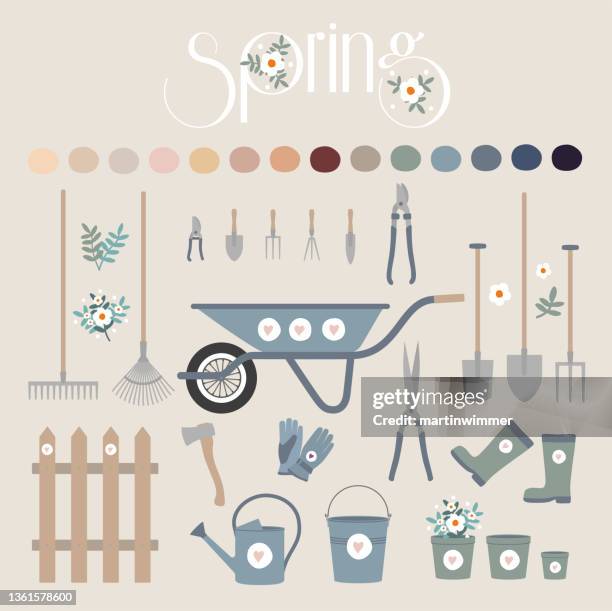 garden equipment springtime in pastel colors - holding scissors stock illustrations