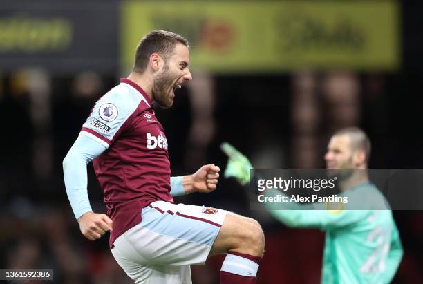 Nikola Vlasic of West Ham United celebrates after scoring their sides fourth goal during the Premier League match between Watford and West Ham United...