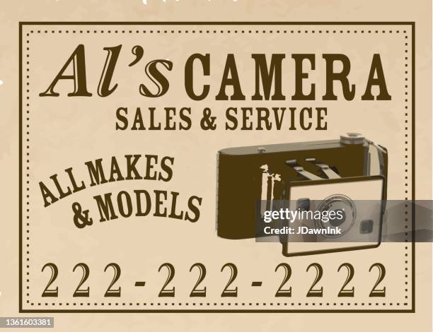 vintage or old fashioned worn newspaper advertisement for camera store layout design template - camera stand 幅插畫檔、美工圖案、卡通及圖標