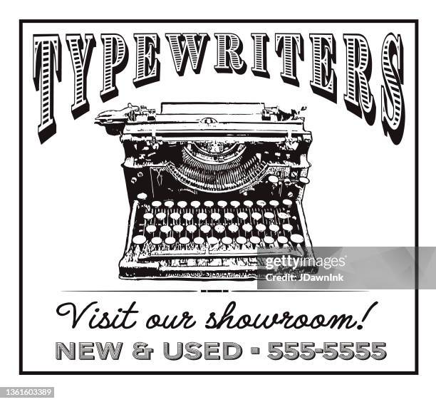 vintage or old fashioned worn newspaper advertisement for typewriters layout design template - booth layout stock illustrations