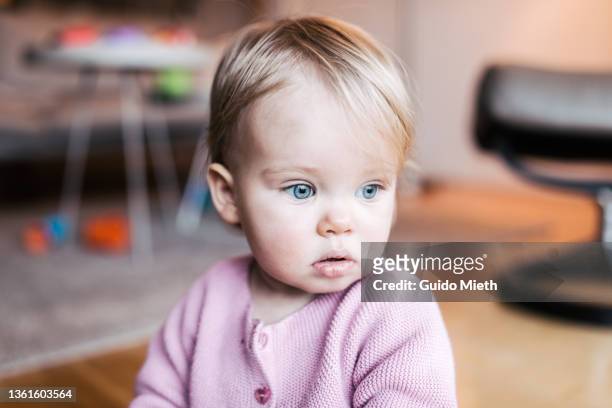 portrait of a cute little toddler girl at home. - beautiful blonde babes stock pictures, royalty-free photos & images