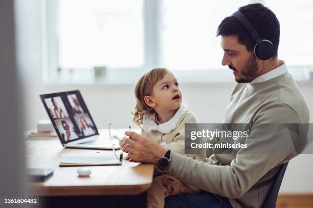 happy father talking on video call meeting at home - working from home funny stock pictures, royalty-free photos & images